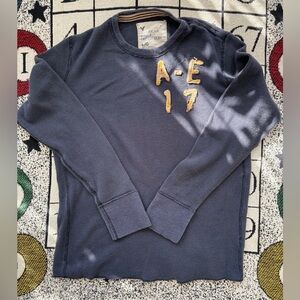 Large American Eagle navy blue+yellow waffle knit long sleeve